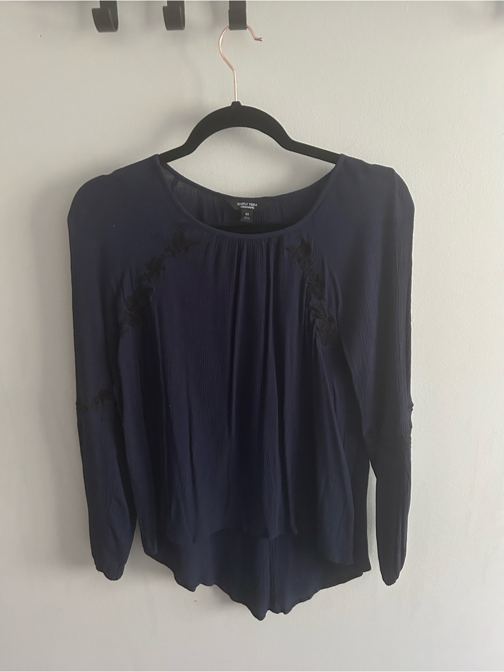Simply Vera Vera Wang Navy Long Sleeve Pleated Blouse with Lace Trim